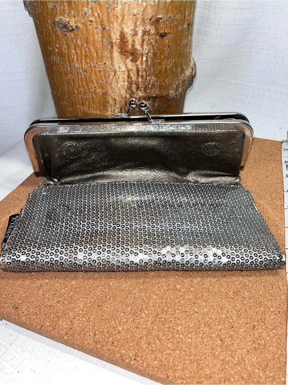 Metallic Silver Sequin Clutch Wallet Kiss Lock Frame Checkbook Organizer Evening